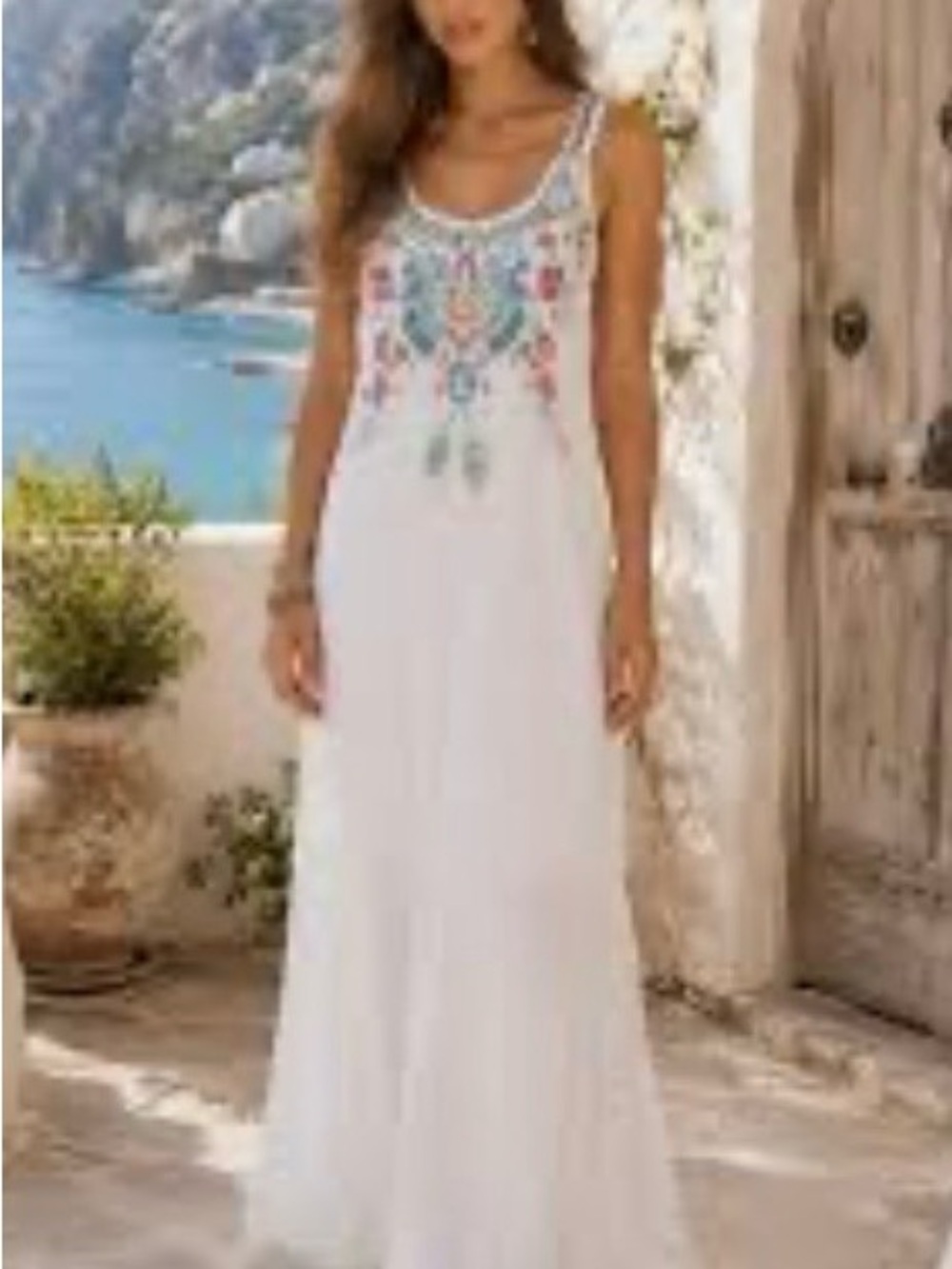 Johnny Was White Maxi Dress with Multicolor Embroidered Bodice